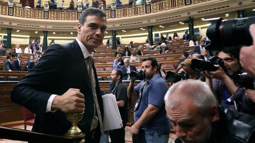 Socialist Party's leader Pedro Sanchez leaves after his speech during the no-confidence motion debate. (Photo: AP).
