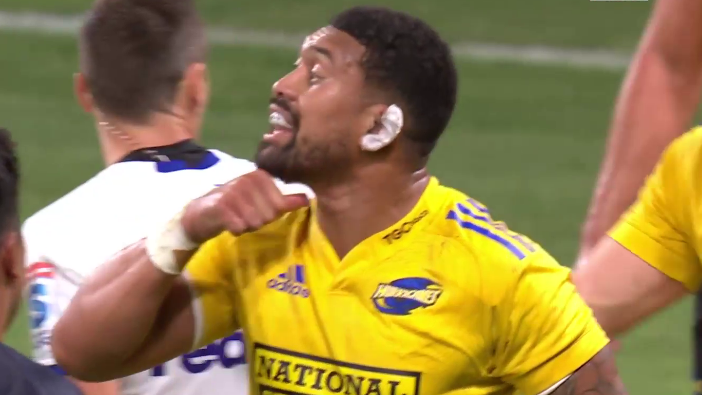 Ardie Savea makes the throat-slitting gesture in round two of Super Rugby Pacific.