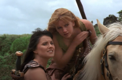 Lucy Lawless and Renee O'Connor in Xena: Warrior Princess. 