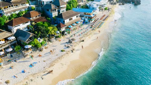 Warungs, cafes and bars on the Bingin Beach, view from above. Bali