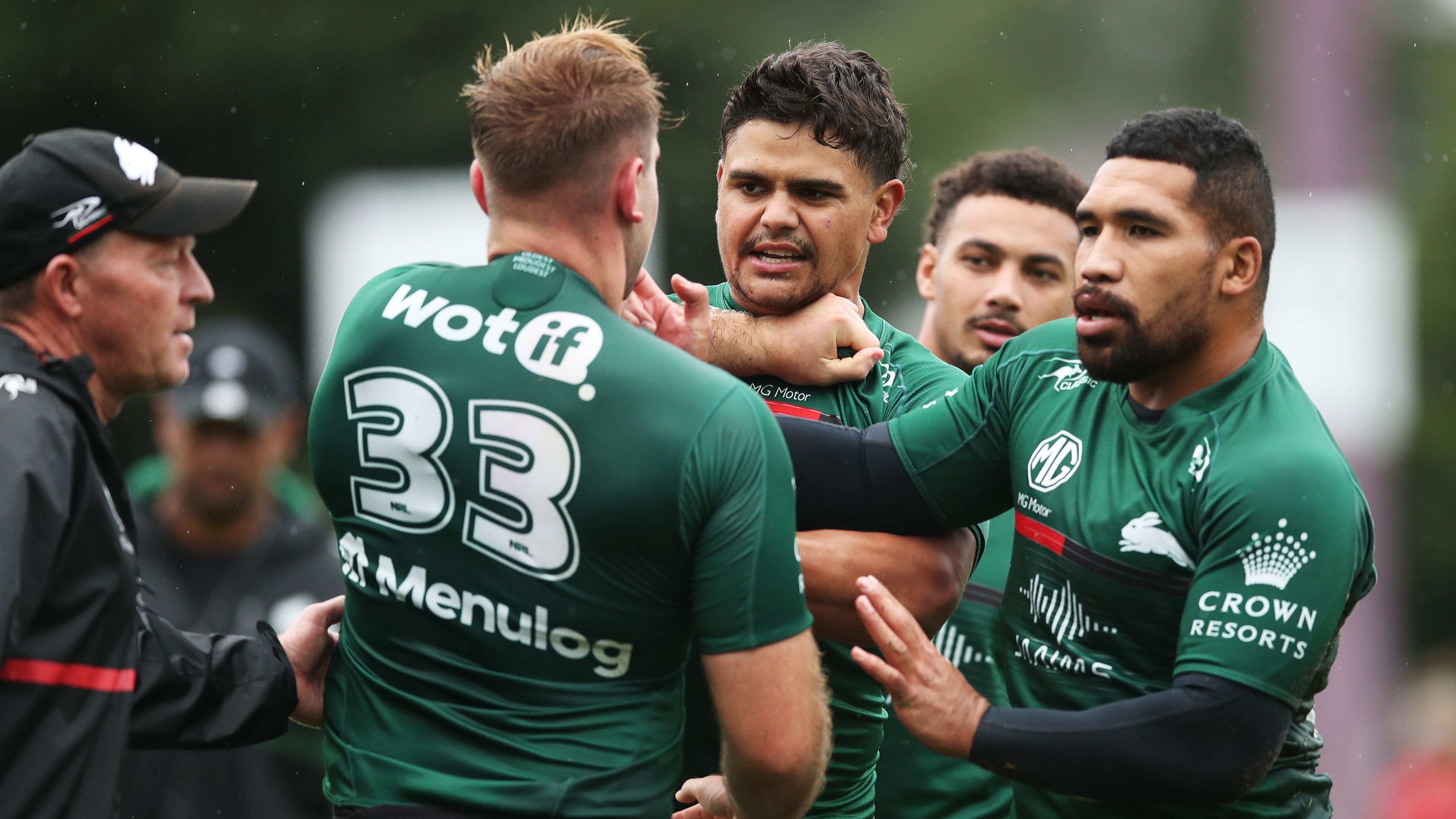 Latrell Mitchell pictured in bust-up with teammate at Rabbitohs training
