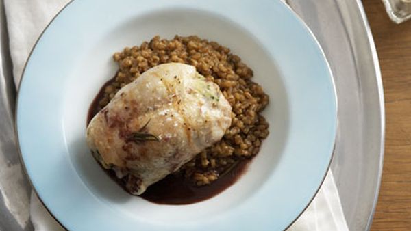Rabbit with pearl barley risotto and rosemary jus