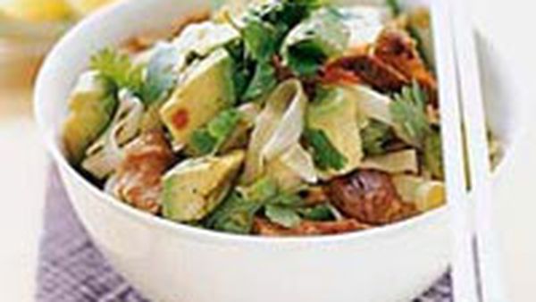 Avocado and glazed pork rice noodles