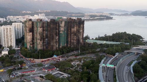 An aerial view of the burnt buildings after a deadly fire at Wang Fuk Court, a residential estate in the Tai Po district of Hong Kong's New Territories, 