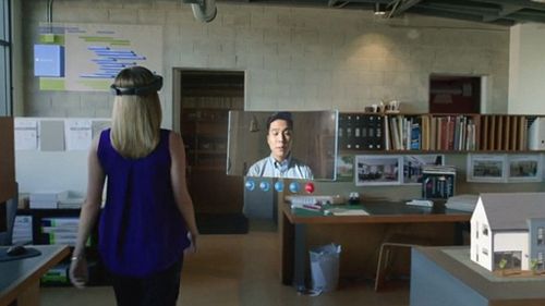 A HoloLens user can continue a Skype conversation while moving away from the computer. (Microsoft)