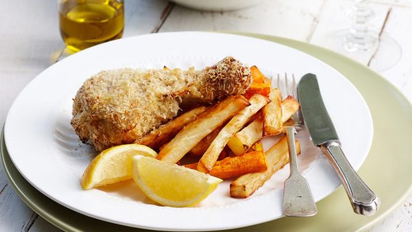 Crispy lemon chicken drumsticks and chips for $12.80