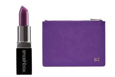<a href="http://mecca.com.au/smashbox/be-legendary-lipstick/V-013154.html#q=purple%2Blipstick&amp;start=1" target="_blank">Be Legendary Lipstick in Vivid Violet, $29, Smashbox</a> and&nbsp;<a href="https://thedailyedited.com/shop/royal-purple-pouch/" target="_blank">Pouch, $89.95, The Daily Edited</a>.