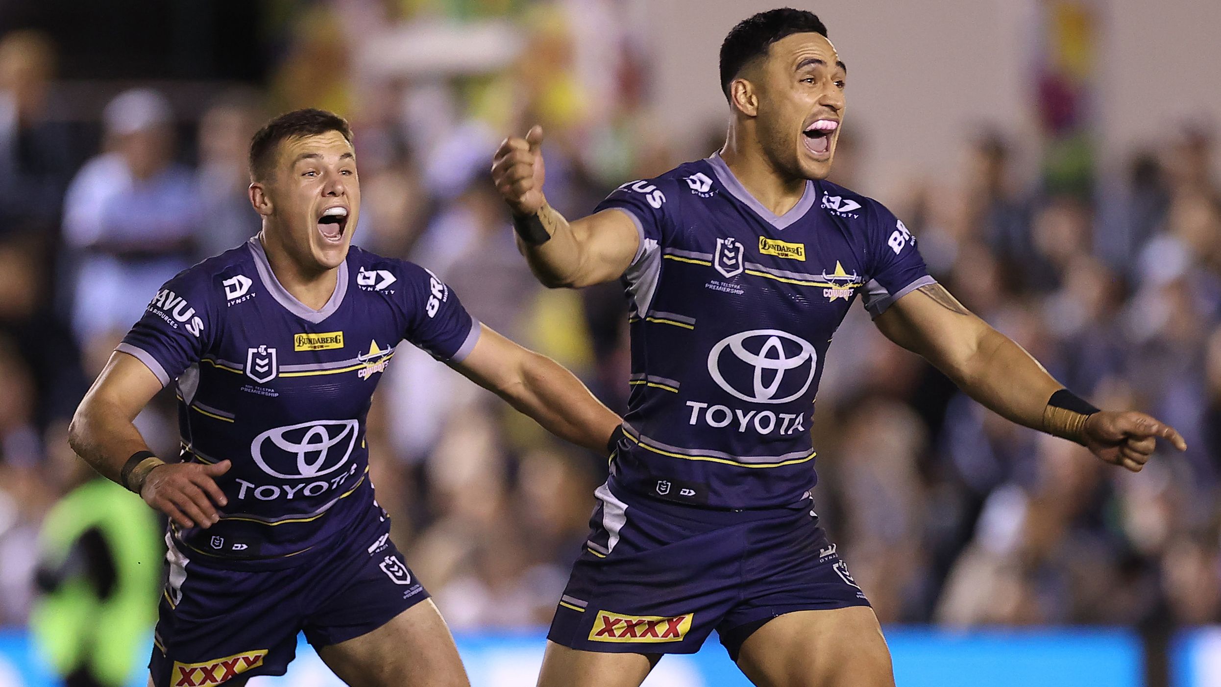 Valentine Holmes of the Cowboys celebrates kicking the winning field goal in golden-point against the Sharks.