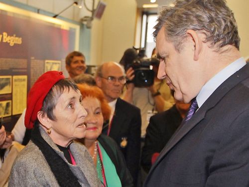 British Prime Minister Gordon Brown, right, meets with former child migrant Mary Johnston at Westminster, in London, on Wednesday Feb. 24, 2010. Prime Minister Gordon Brown has made an official apology to the many thousands of poor British children who were sent to former British colonies such as Australia, where many are known to have suffered terrible abuses. 