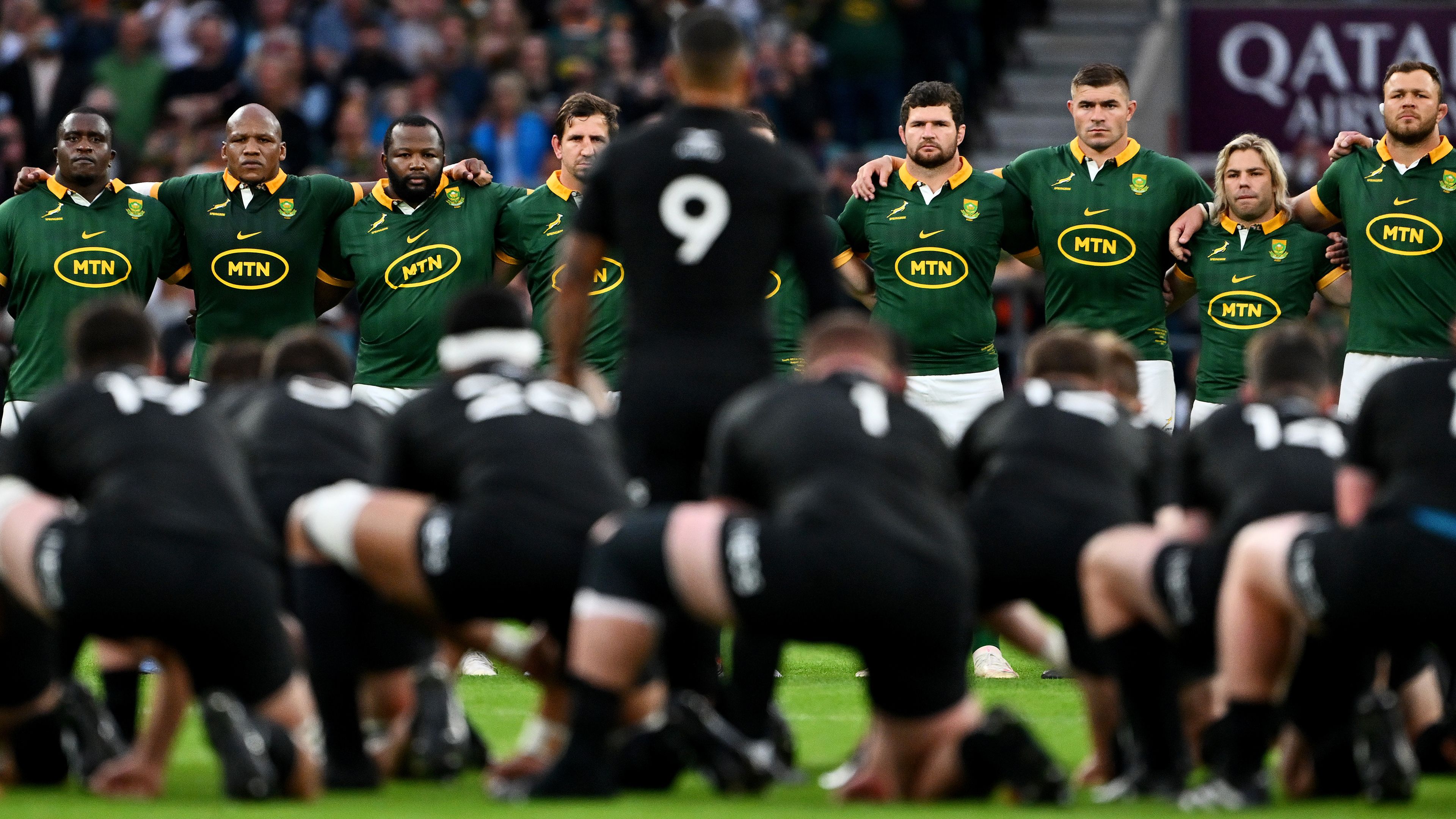 South Africa watch on as Aaron Smith of New Zealand leads the haka.