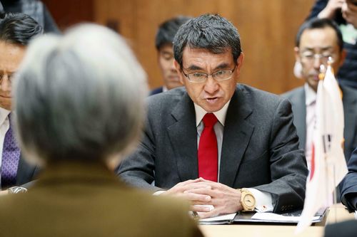 Japanese Foreign Minister Taro Kono attends a ministerial meeting with South Korean counterpart Kang Kyung-wha on the sideline of the World Economic Forum in Davos, Switzerland on January 23, 2019. 