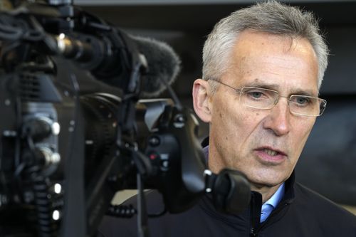 NATO Secretary General Jens Stoltenberg speaks to the media at Lask air base in Poland, Tuesday, March 1, 2022. 