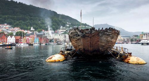 The wreck of the Maud is towed into the Norwegian port of Bergen.