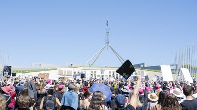 The Women's March 4 Justice movement is calling for a change in Federal Parliament, demanding politicians shine a light on allegations of sexual assault and harassment in the workplace. (Photo by Jamila Toderas/Getty Images)