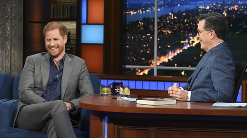 This image courtesy of CBS show Prince Harry, left, with host Stephen Colbert during a taping of "The Late Show with Stephen Colbert" on Tuesday, Jan. 10, 2023. (Scott Kowalchyk/CBS via AP)