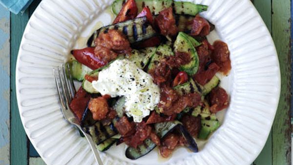 Barbecued eggplant and zucchini with spicy tomato sauce and yoghurt