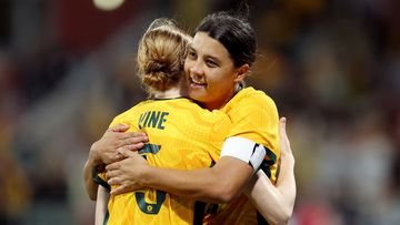 Samantha Kerr of the Matildas celebrates with team mates after scoring a goal during the AFC Women's Asian Olympic Qualifier match between Australia Matildas and IR Iran at HBF Park on October 26, 2023 in Perth, Australia.