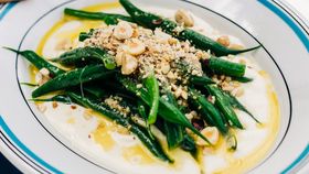 Green bean salad with almond cream and roasted hazelnuts