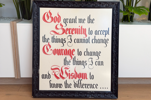 The serenity prayer, a common mantra for those recovering from gambling addiction, sits in the foyer of Oakdene House.