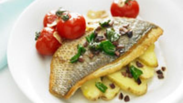 Pan-fried snapper with tomato, olives and basil