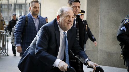 Harvey Weinstein arrives at a Manhattan courthouse for his rape trial, Monday, Feb. 24, 2020, in New York. 