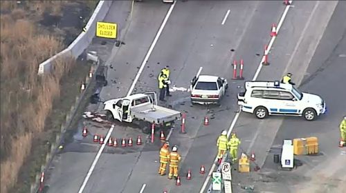A man was killed and two other drivers hospitalised after a head-on crash at the M1 Motorway in Warnervale, north of Sydney. Picture: 9NEWS.