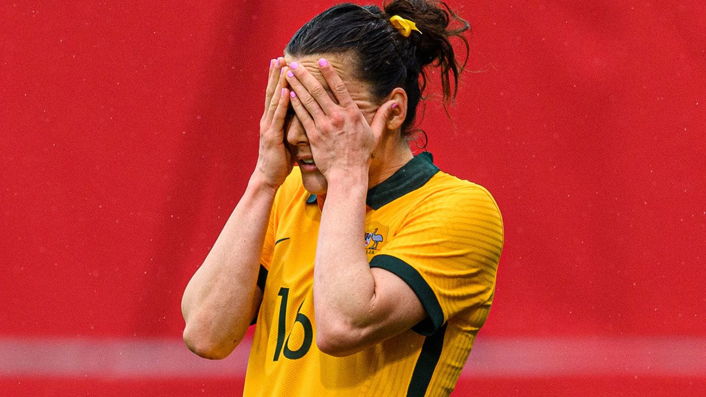 Hayley Raso of Australia looks disappointed after Germany scores their fourth goal during the International Friendly between Germany and Australia at BRITA-Arena on April 10, 2021 in Wiesbaden, Germany. (Photo by Lukas Schulze/Getty Images for FAA)