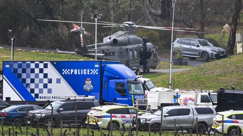 Porepunkah police shooting. Police compound at Feather Top Winery, Porepunkah.  27th August 2025, The Age news Picture by JOE ARMAO