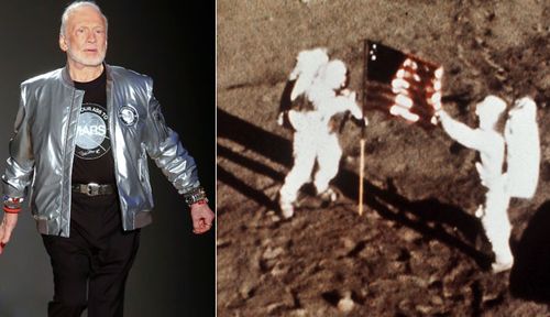 Buzz Aldrin in 2017 and, right, helping Neil Armstrong plant the US flag on the Moon in 1969. (AP photos).