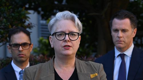 Penny Sharpe (centre) comments on the resignation of Stuart Ayres, at NSW Parliament. Sydney, NSW. 3rd August, 2022. Photo: Kate Geraghty