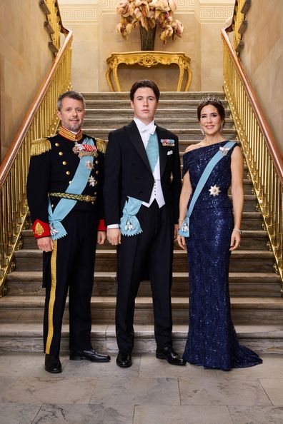 Crown Prince Frederik and Crown Princess Mary with Prince Christian on Sunday October 15 2023 inside Frederik VIII's Palace at Amalienborg in Copenhagen.