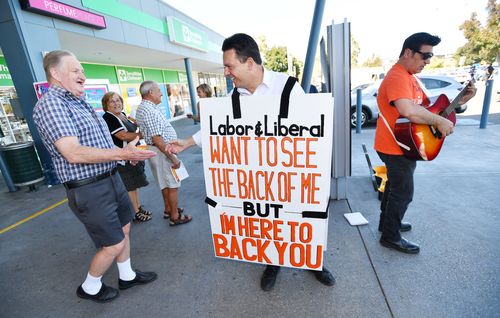 SA Best Leader Nick Xenophon is seen outside the Newton shopping centre in Adelaide, Wednesday, March 14, 2018. SA Best is outlining policy on victims of crime. (AAP Image/David Mariuz)