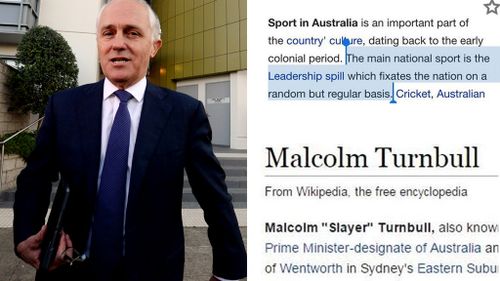 Australia's main national sport is the 'Leadership spill’, according to Wikipedia