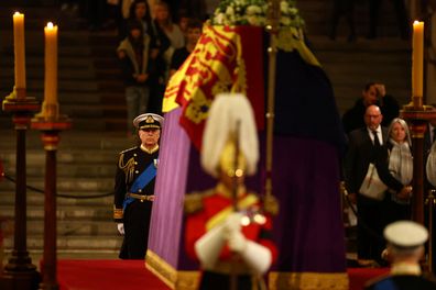 Prince Andrew, Duke of York attends a vigil, following the death of Queen Elizabeth ll, inside Westminster Hall on September 16, 2022 in London, England.
