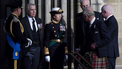 King Charles III, Princess Anne, Prince Andrew and Prince Edward leave St Giles' Cathedral after taking part in a vigil around Queen Elizabeth II's coffin.