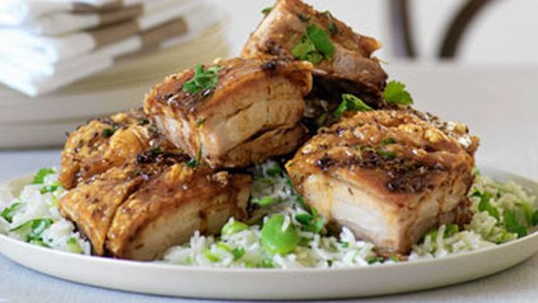 Crisp pork belly & lemon rice with broadbeans