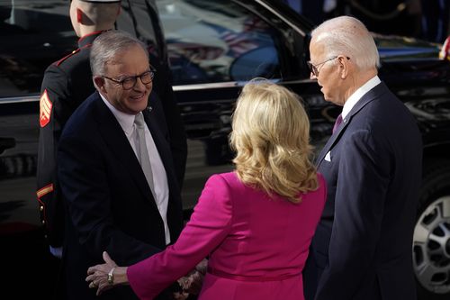 President Joe Biden and first lady Jill Biden welcome Australia's Prime Minister Anthony Albanese during a State Arrival Ceremony on the South Lawn of the White House in Washington, Wednesday, Oct. 25, 2023.