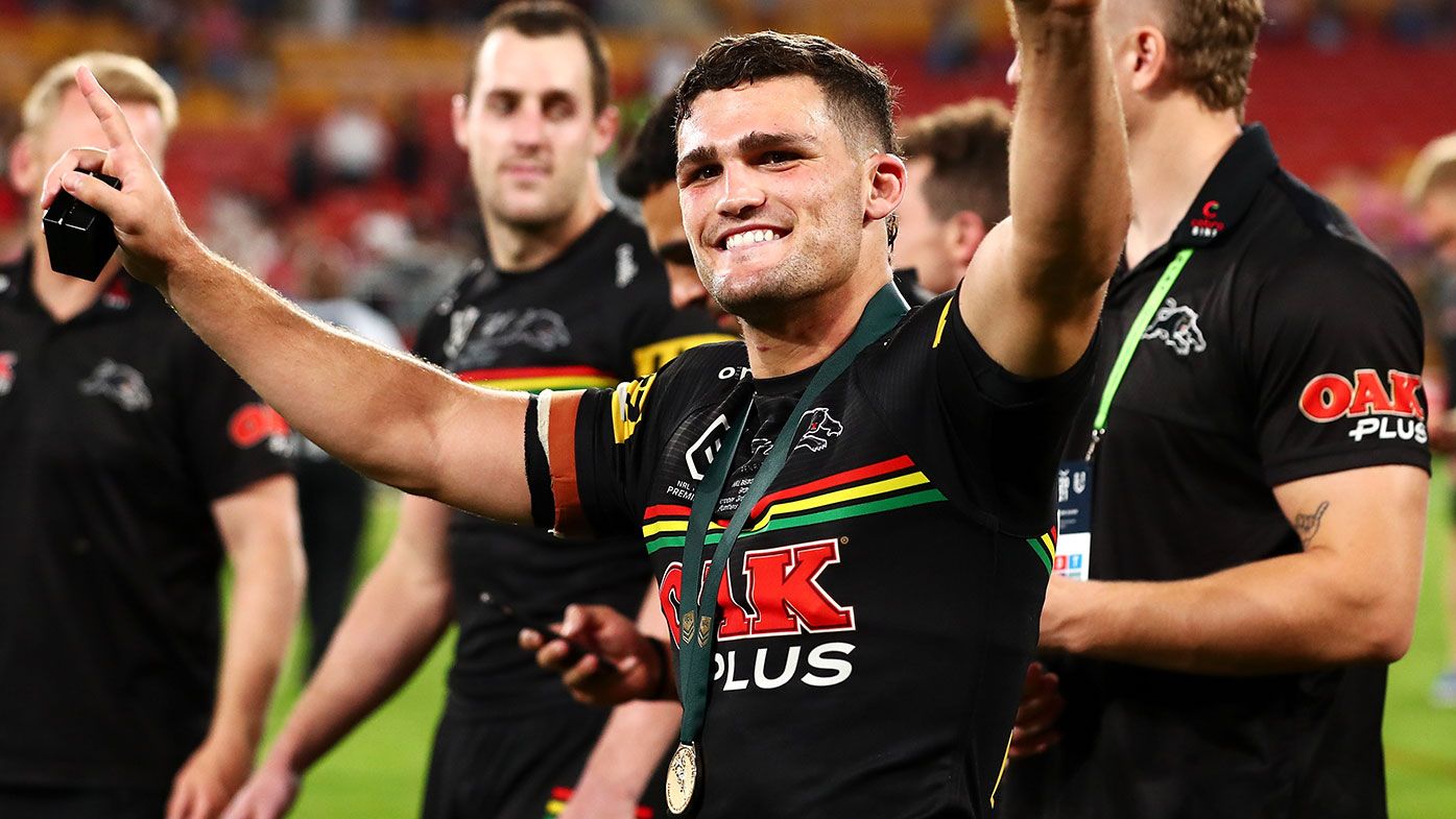 Nathan Cleary of the Panthers waves to the crowd as he celebrates victory in the 2021 NRL Grand Final