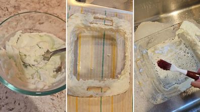 Mindy Hyer used a DIY cleaning paste hack to clean her grease-stained glass dish