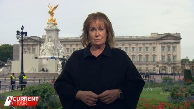 Tracy Grimshaw in front of Buckingham Palace