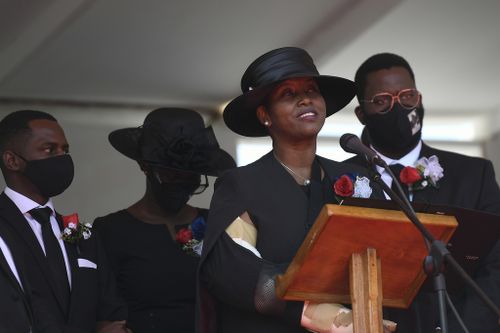 Former first lady of Haiti, Martine Moise, speaks during the funeral of her slain husband, former President Jovenel Moise, accompanied by her children in Cap-Haitien, Haiti on Friday, July 23 in 2021. 