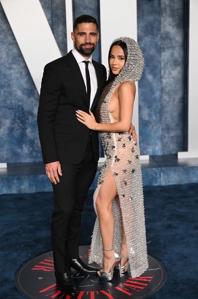 Sebastian Lletget and Becky G attend the 2023 Vanity Fair Oscar Party hosted by Radhika Jones at Wallis Annenberg Center for the Performing Arts on March 12, 2023 in Beverly Hills, California.