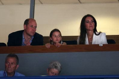 Prince William, Duke of Cambridge, Princess Charlotte of Cambridge and Catherine, Duchess of Cambridge look on ahead of Men's Horizontal Bar Final and Women's Floor Exercise Final on day five of the Birmingham 2022 Commonwealth Games at Arena Birmingham on August 02, 2022 on the Birmingham , England 