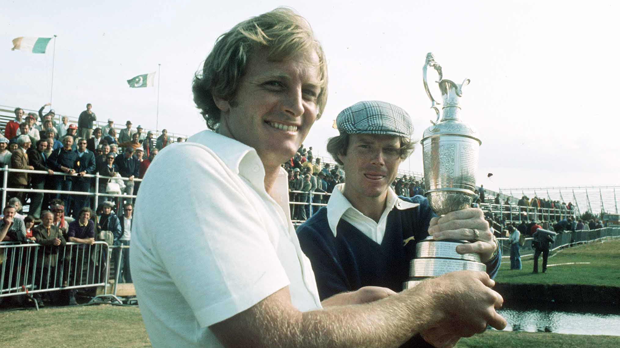 Jack Newton with golf legend Tom Watson after he won The Open Championship in 1975.