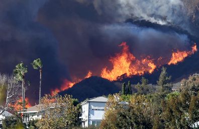  The Palisades Fire burns near homes amid a powerful windstorm on January 7, 2025 in Pacific Palisades, California. The fast-moving wildfire is threatening homes in the coastal neighborhood amid intense Santa Ana Winds and dry conditions in Southern California. (Photo by Mario Tama/Getty Images)