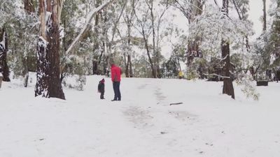 Family enjoys snow in Orange