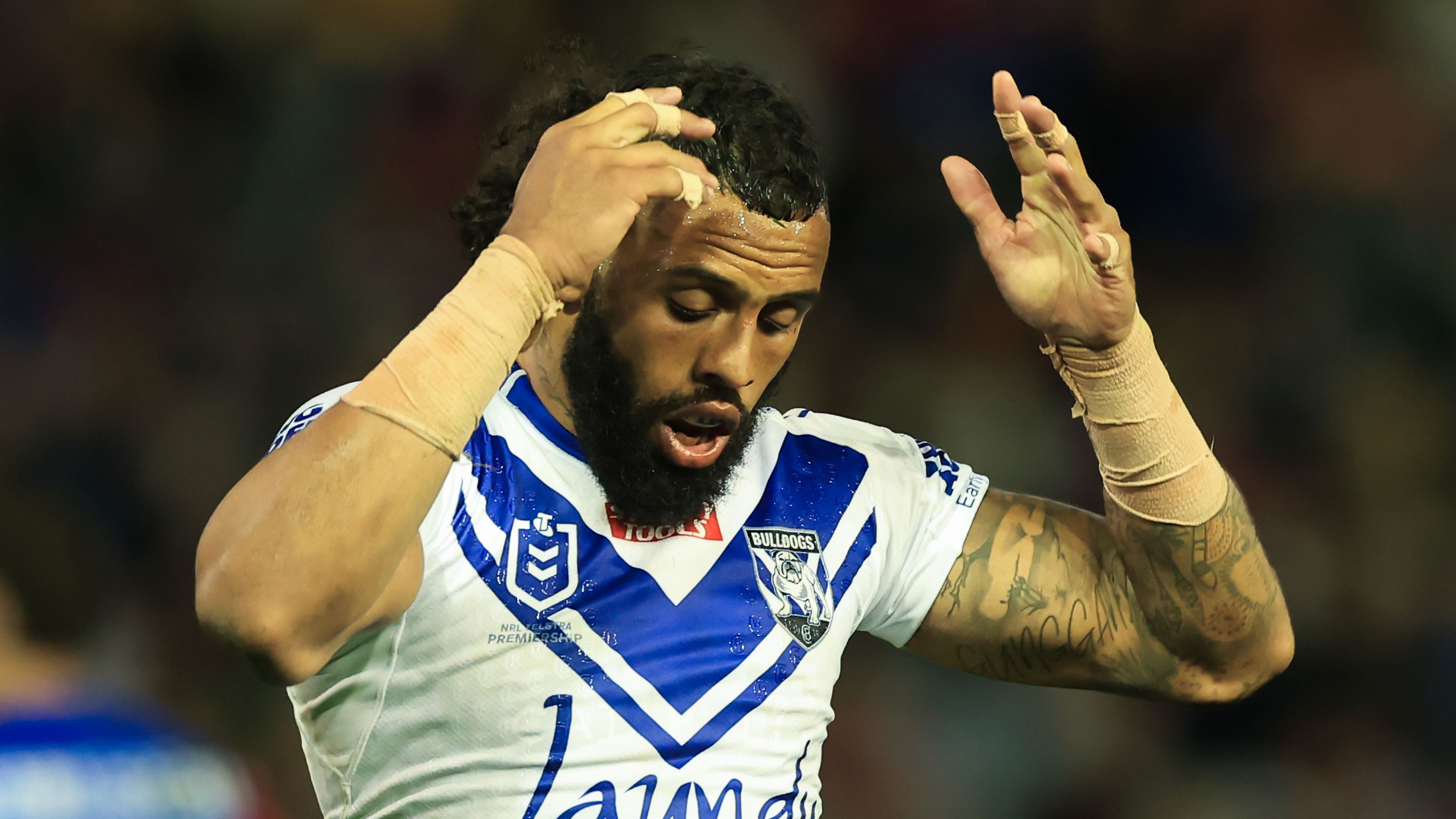 A dejected Josh Addo-Carr of the Bulldogs during the round 24 NRL match between Newcastle Knights and Canterbury Bulldogs at McDonald Jones Stadium on August 13, 2023 in Newcastle, Australia. (Photo by Jenny Evans/Getty Images)