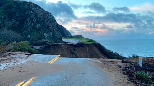 	In this photo provided by Caltrans, a section of Highway 1 is shown collapsed.