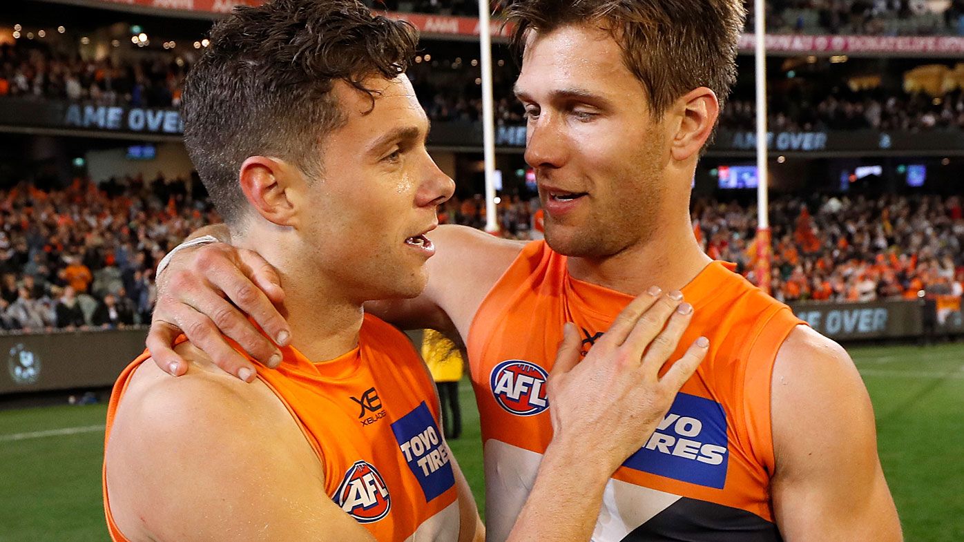 Josh Kelly (left) and Matt de Boer of the Giants celebrate during the 2019 AFL First Preliminary Final 