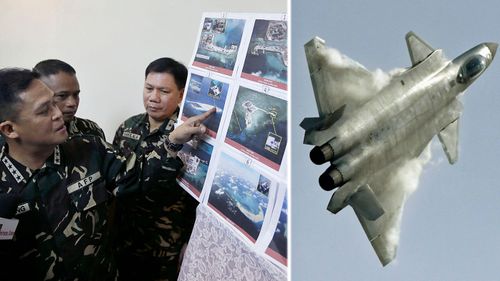 Philippines military commanders examine photos of Chinese-built artificial reefs. Right: the J-20 fighter. (Photos: AP).